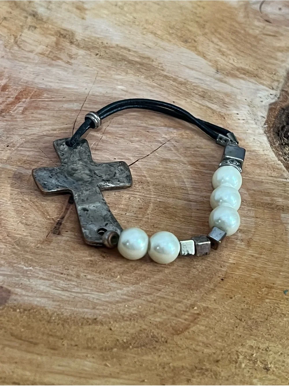 Rustic Hammered Silver Cross Leather Cord Bracelet Pearl Beads & Accent Charms